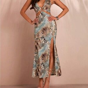 Chic Brown and Blue Backless Dress